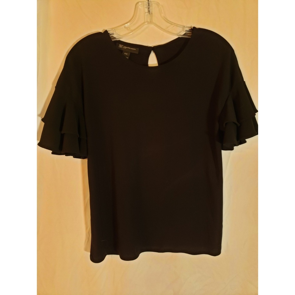 Women's International Concepts Petite Black Ruffled Sleeve Top Size P